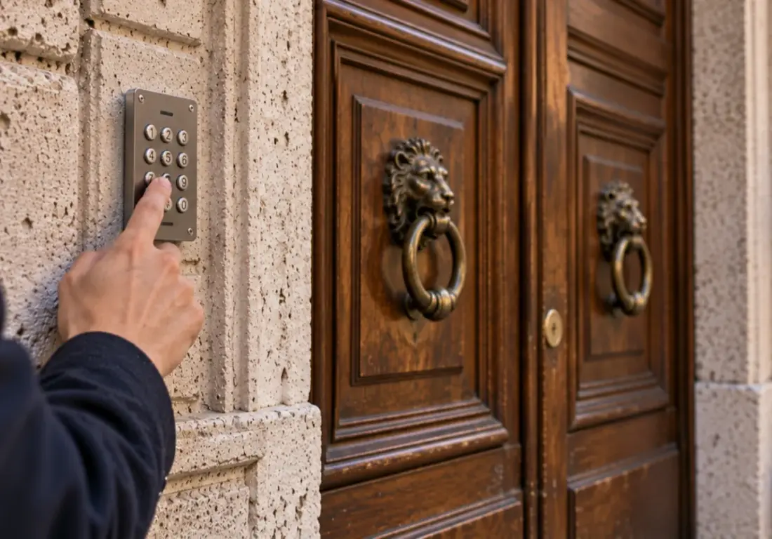 Persona digita il codice del citofono davanti al portone di un edificio di Roma.