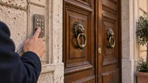 Persona digita il codice del citofono davanti al portone di un edificio di Roma.