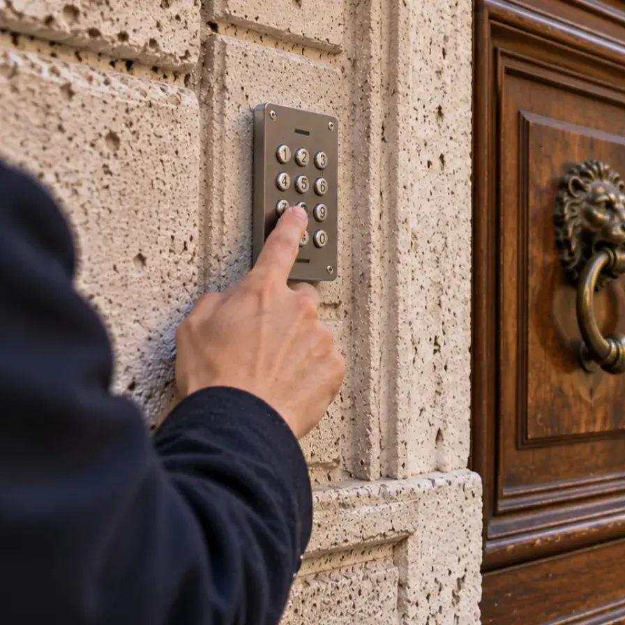 Persona digita il codice del citofono davanti al portone di un edificio di Roma.