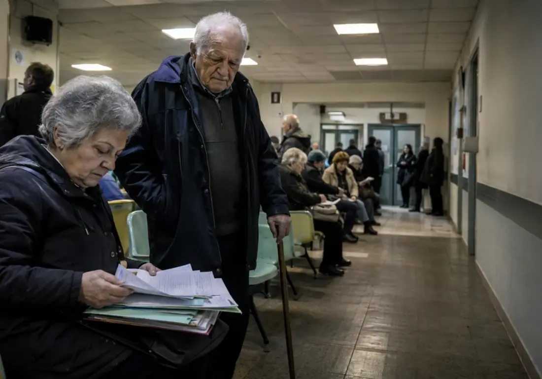 Anziani in attesa in un ospedale pubblico italiano con documenti sanitari, simbolo del disagio dei cittadini nella sanità pubblica.