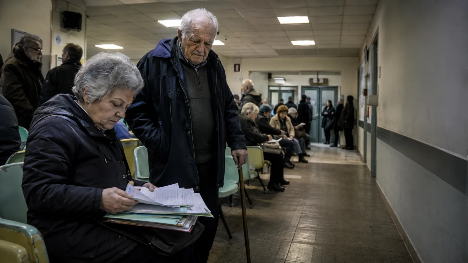 Anziani in attesa in un ospedale pubblico italiano con documenti sanitari, simbolo del disagio dei cittadini nella sanità pubblica.