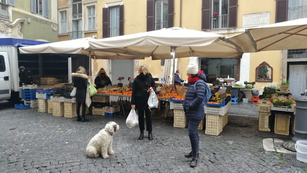 Configurazione attuale del mercato di piazza delle Coppelle nel Centro Storico di Roma