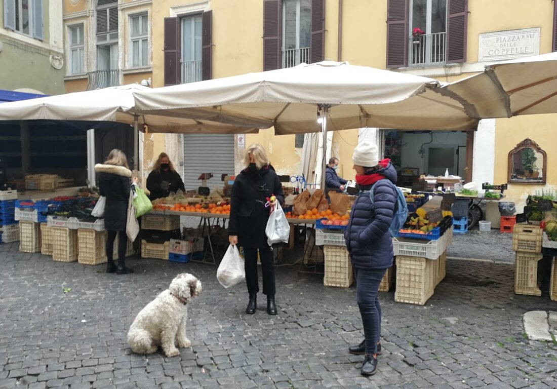 Configurazione attuale del mercato di piazza delle Coppelle nel Centro Storico di Roma